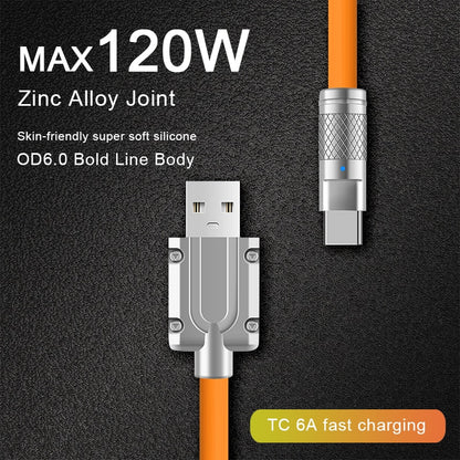 120W 6A Super Fast Charge Liquid Silicone Cable Type-C Charger Data Cable for Xiaomi Huawei Samsung Zinc USB Bold Data Line 1M